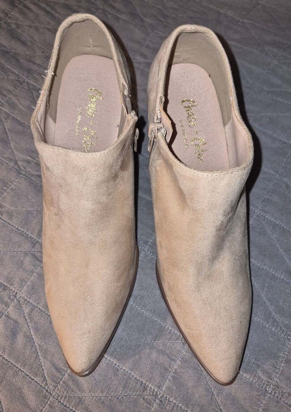 Chase + Chloe Yesenia Ankle Booties Taupe Faux Suede Side Zip Block Heel